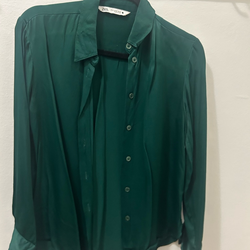 Zara Emerald Green Satin-Look Button Shirt